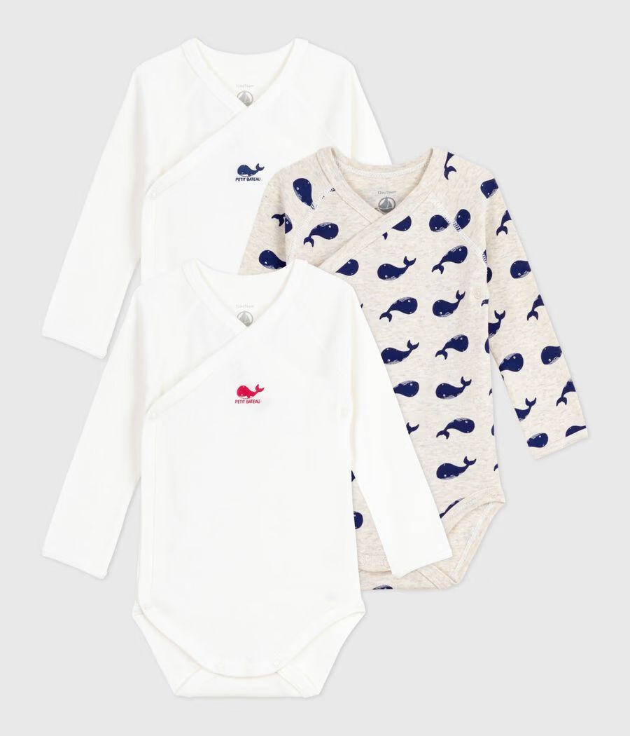 Lot de bodies croisés manches longues bébé mixte en coton imprimé baleine (Petit Bateau) - Couverture