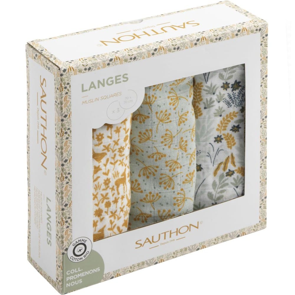 Lot de 3 langes en coton bio Promenons nous (70 x 70 cm) (Sauthon) - Couverture