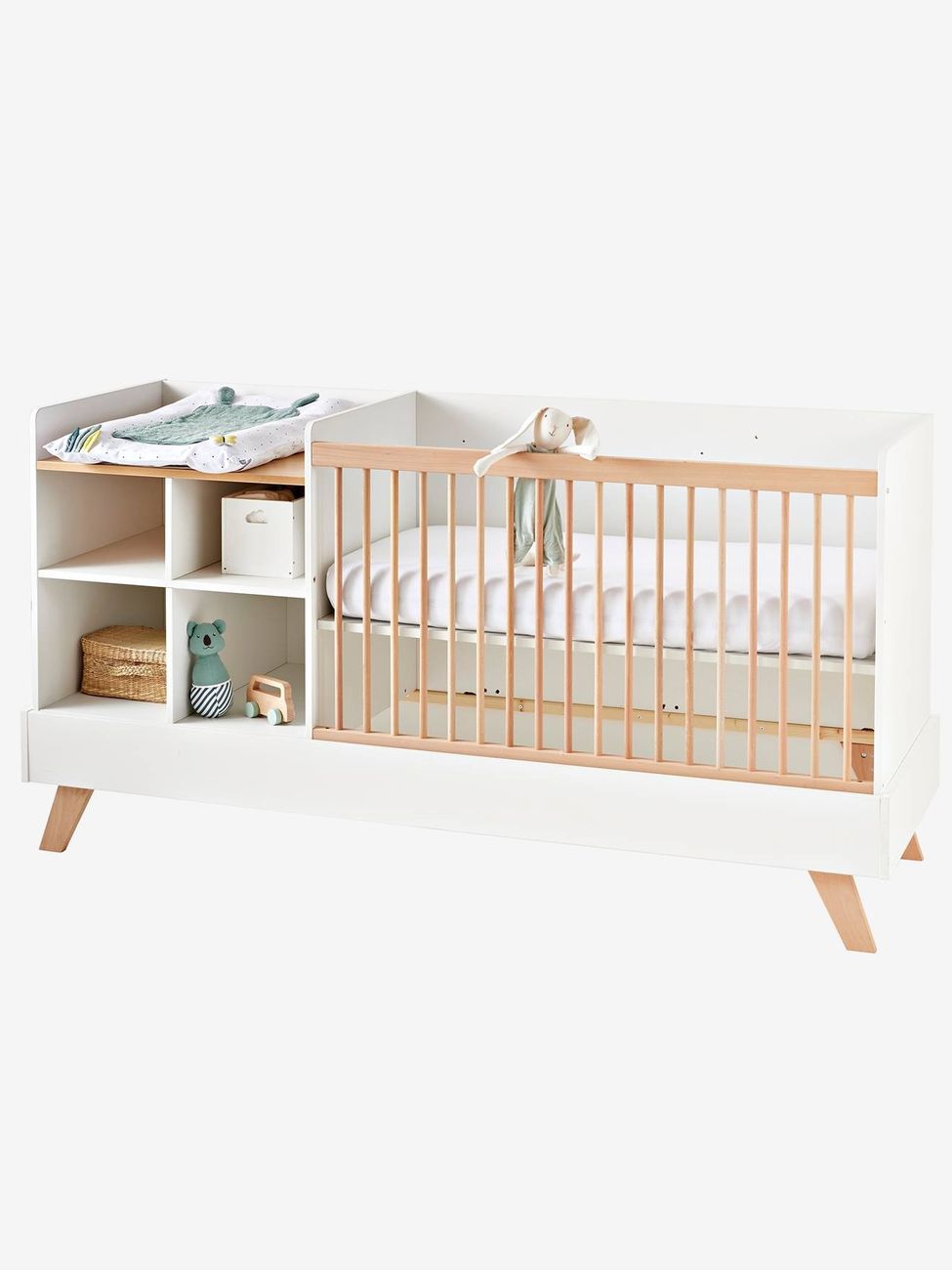 Lit bébé évolutif combiné 4 en 1 COMBINID blanc / bois (Vertbaudet) - Couverture