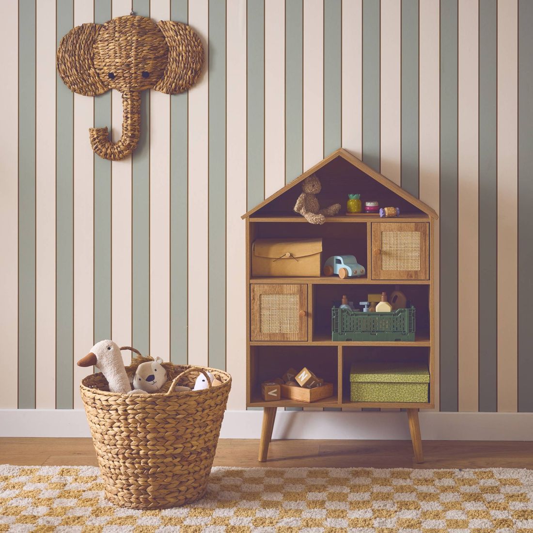 Etagère Bibliothèque Décor Bois, 7 Compartiments Et 2 Portes En Cannage Naturel (sweeek) - Couverture