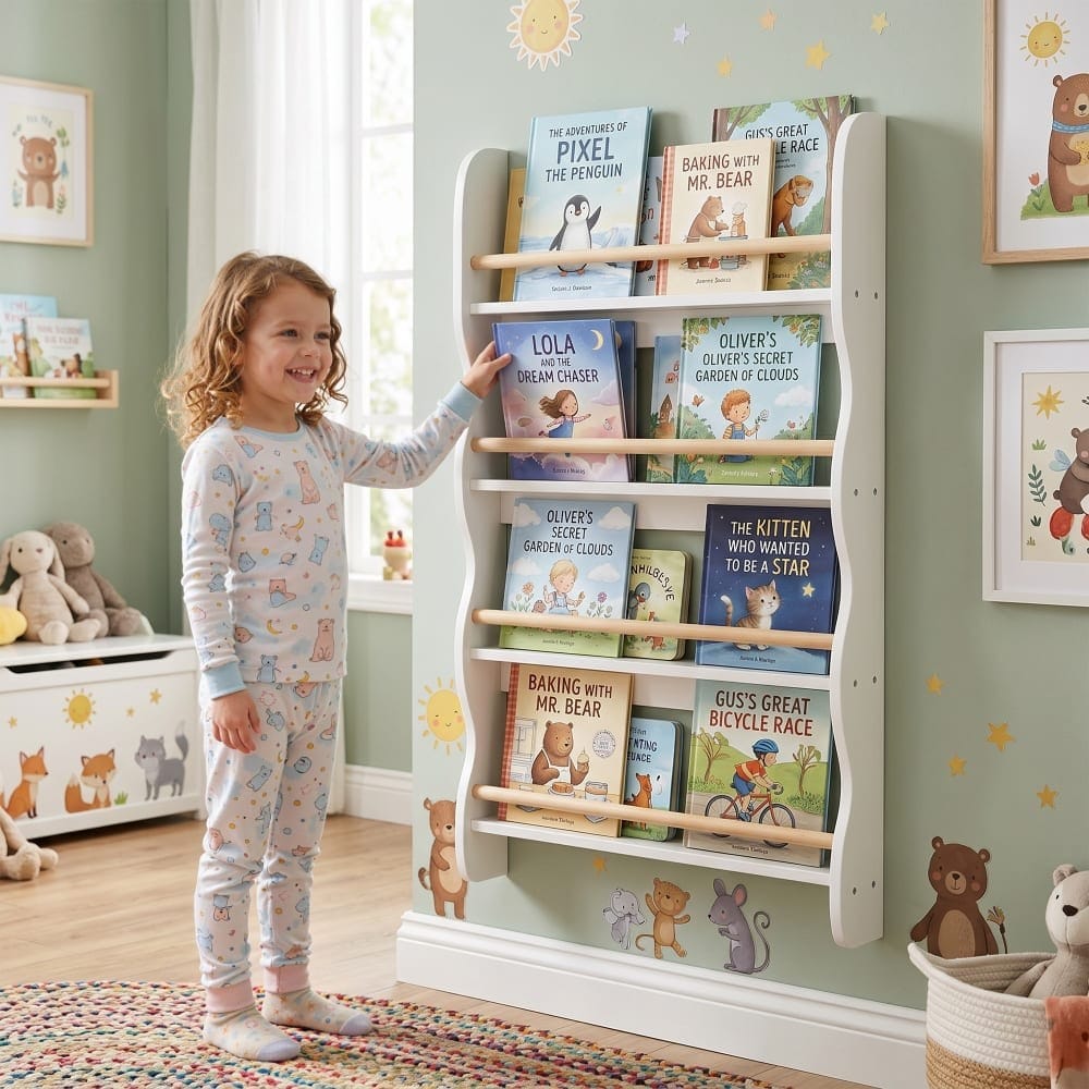 Bibliothèque enfant 4 niveaux gain de place bois blanc (Aiyaplay) - Couverture