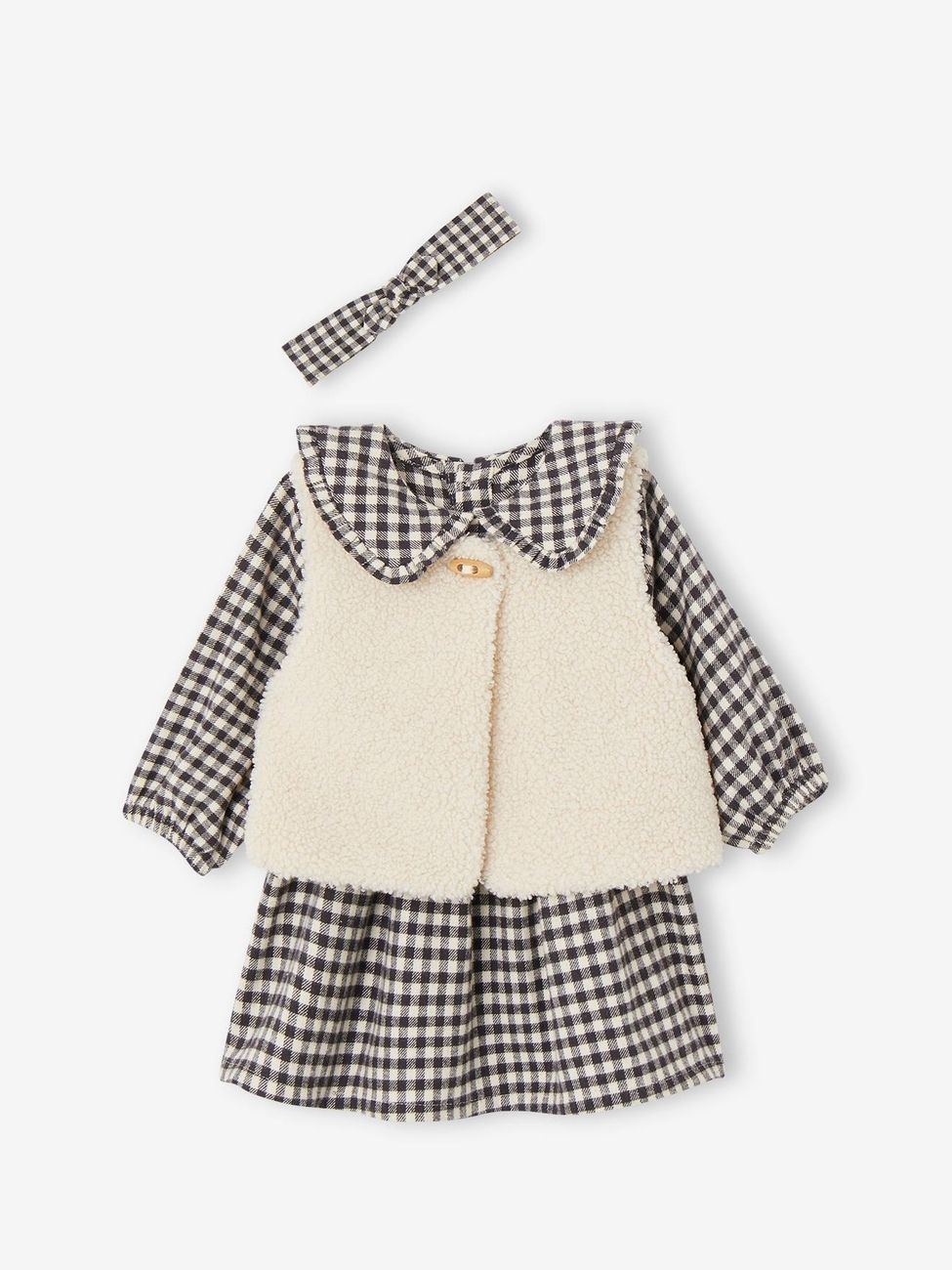 Ensemble 3 pièces bébé robe vichy + gilet + bandeau carreaux noir (Vertbaudet) - Couverture