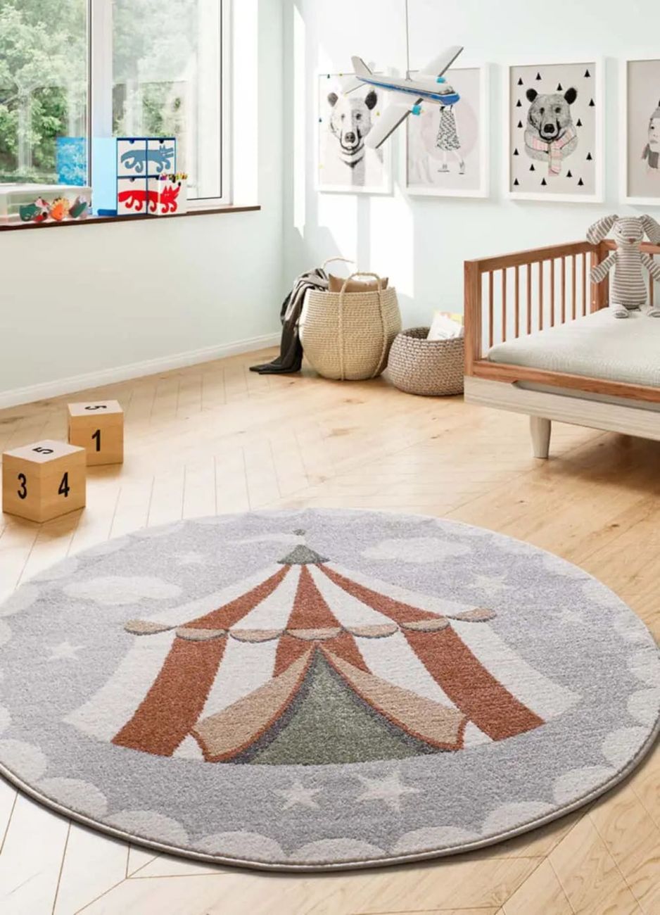 Tapis enfant rond cirque gris 120x120 cm (Atticgo) - Couverture