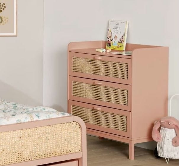 Commode 3 tiroirs effet bois et cannage terracotta (CAMIF) - Couverture