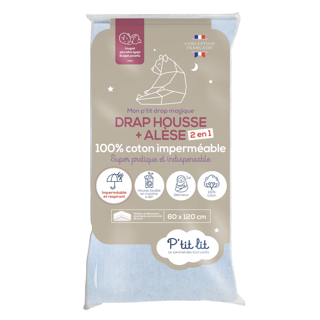 Drap housse alèse 2 en 1 imperméable coton gris 60x120 cm (P'Tit Lit) - Couverture