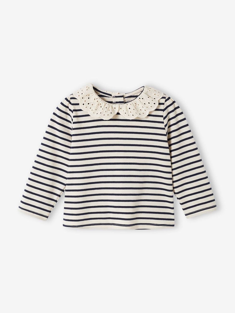 T-shirt bébé col brodé manches longues rayé marine (Vertbaudet) - Couverture