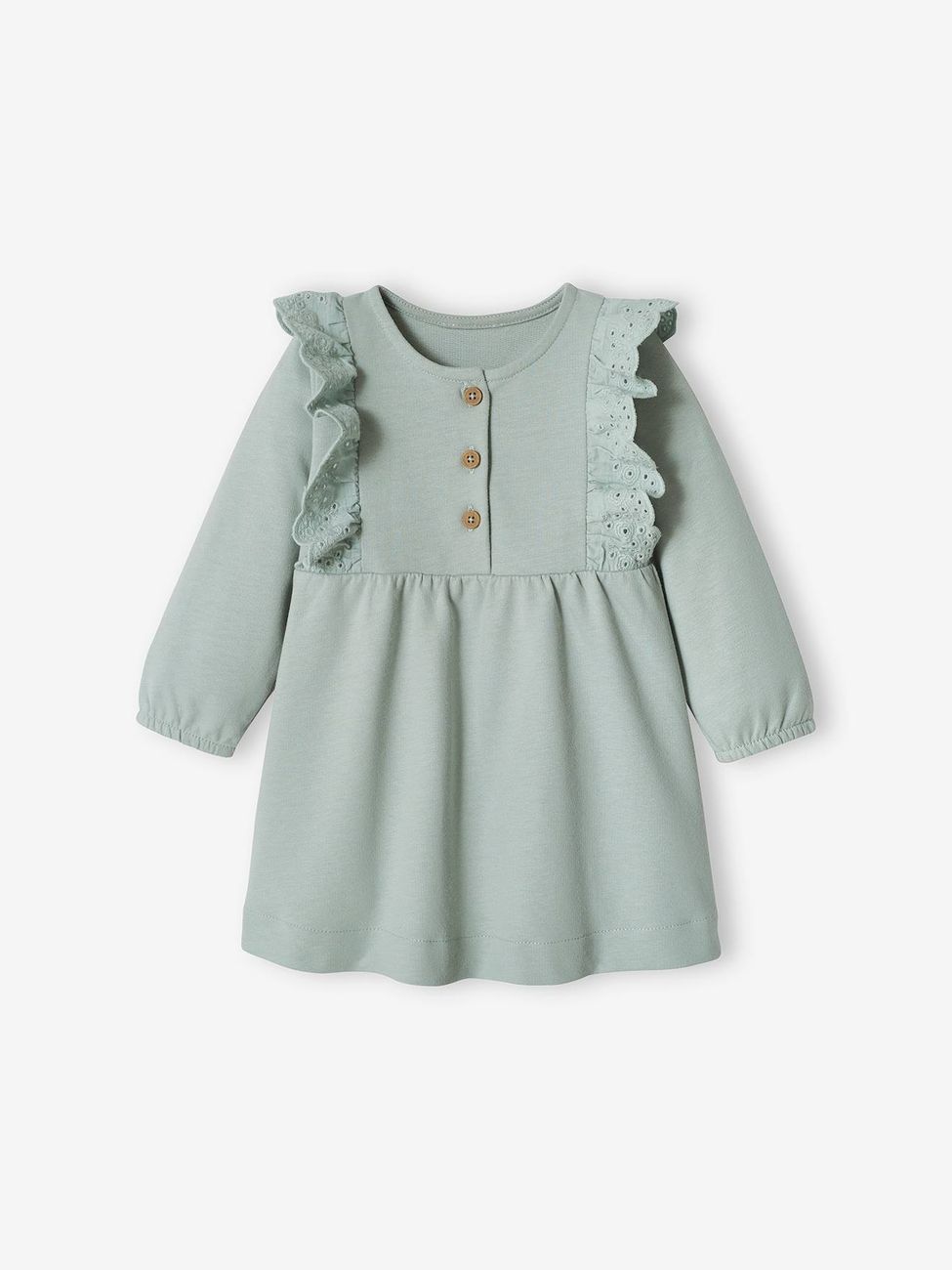 Robe bébé en molleton volants en broderie anglaise bleu grisé (Vertbaudet) - Couverture