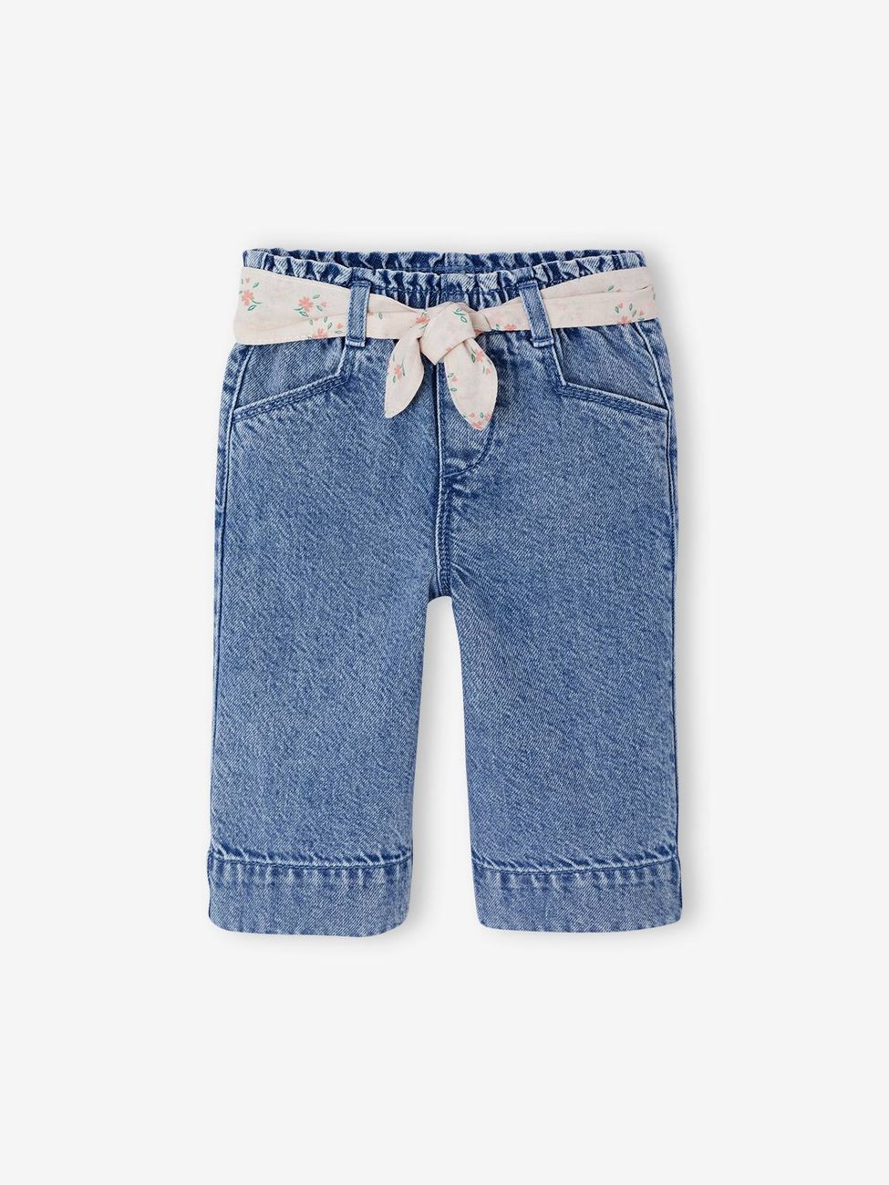 Pantalon large bébé fille denim léger ceinture imprimée double stone (Vertbaudet) - Couverture