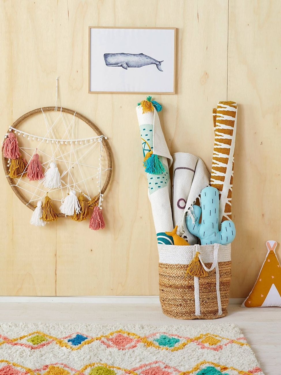 Panier de rangement en jute bicolore avec pompons blanc (Vertbaudet) - Couverture